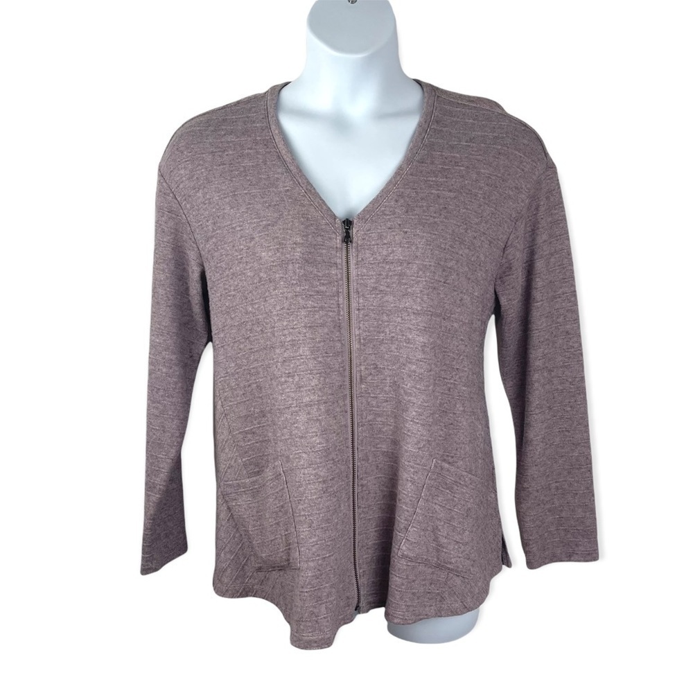 LOGO by Lori Goldstein Raised Stripe Sweater Knit Zip Up Oversized Cardigan